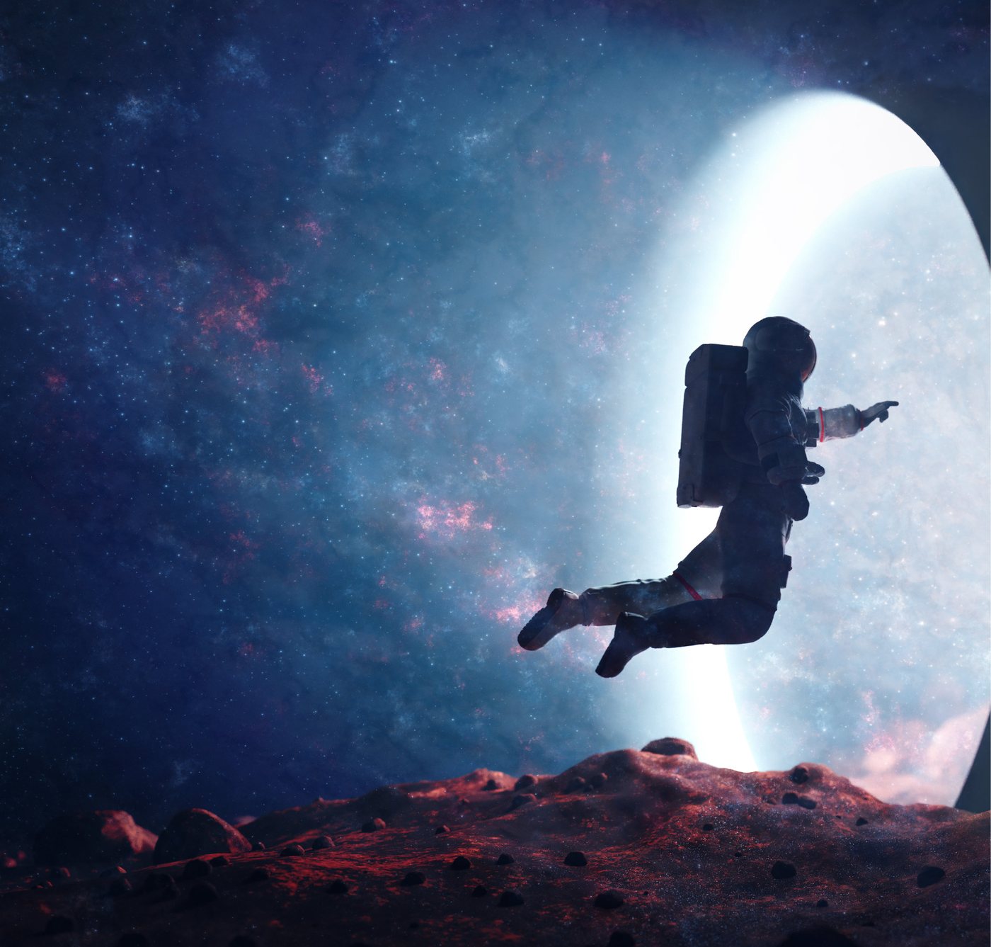 Astronauta saltando diante de um portal de luz em um cenário espacial